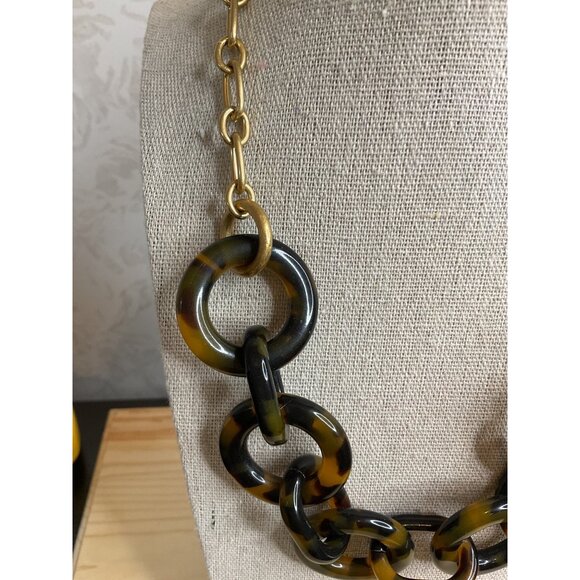 J Crew Tortoise Shell Acrylic Loops Gold Tone Chain Chunky Fashion Necklace - Picture 2 of 6